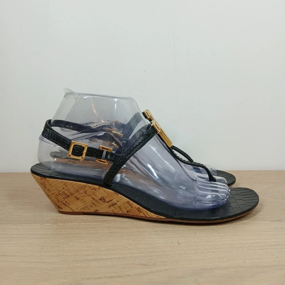 Tory Burch Sandals Women's 8.5 Black Leather Wedge Cork T Strap Thong Summer
